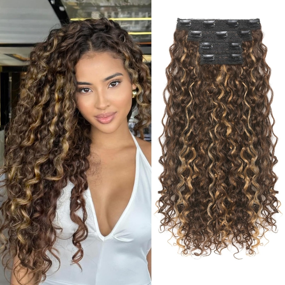 20” Curly Clip-In Hair Extensions • Dark Golden‎ Brown w/ Highlights • 4PC Set